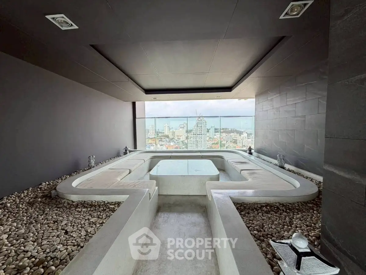 Luxurious rooftop lounge with stunning city view and modern design