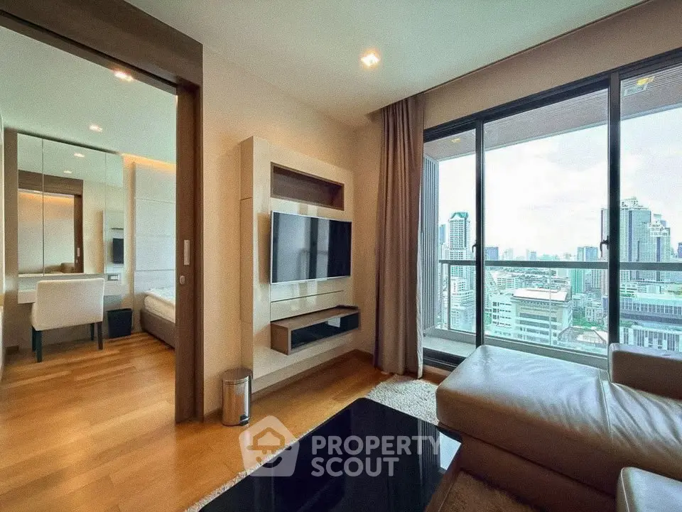 Luxurious living room with stunning city view and modern interior design