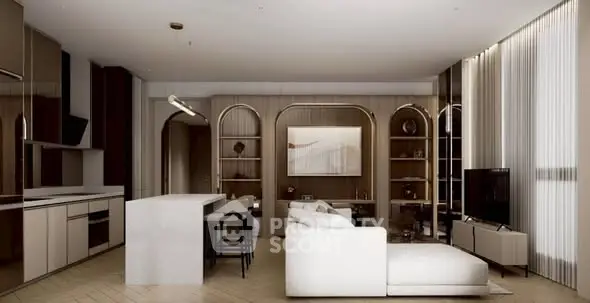 Luxurious modern living room with open kitchen and elegant decor