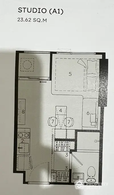 Compact studio apartment floor plan with efficient layout and modern amenities.