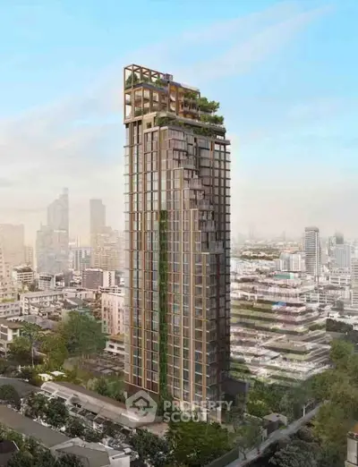 Stunning high-rise building with lush rooftop garden and panoramic city views