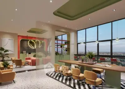 Luxurious modern living room with panoramic city views and stylish decor