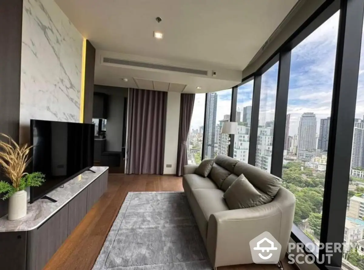 Luxurious modern living room with panoramic city view and elegant decor