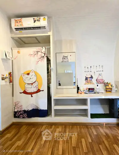 Charming bedroom with cat-themed decor and wooden flooring, featuring a cozy ambiance.