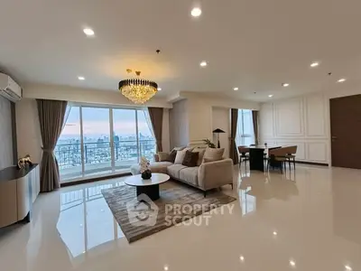 Luxurious living room with stunning city view and elegant chandelier