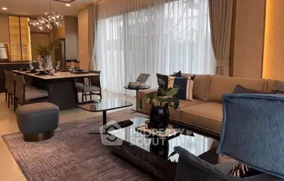 Luxurious modern living room with elegant dining area, stylish furniture, and ambient lighting.
