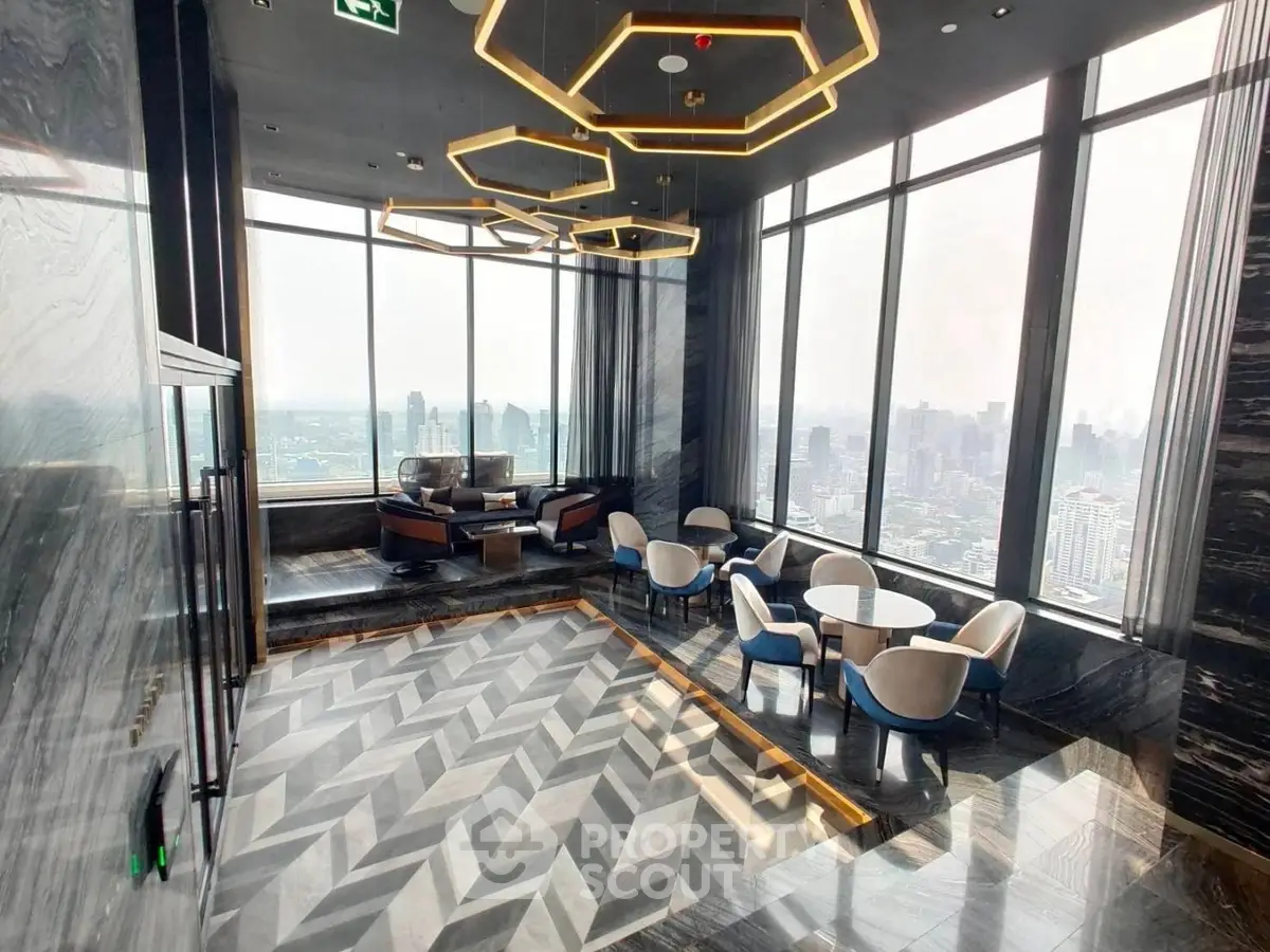 Luxurious high-rise lounge with panoramic city views and modern lighting