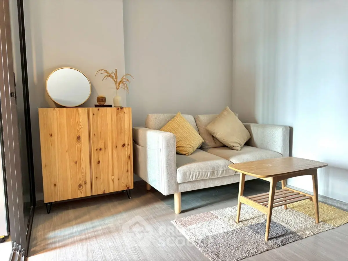 Cozy living room with modern sofa and wooden furniture