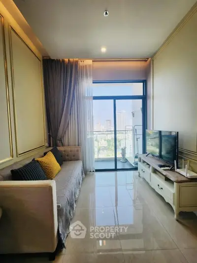 Modern living room with balcony view and elegant decor