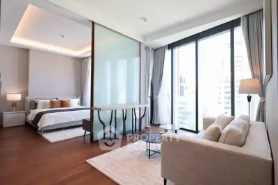 Luxurious modern bedroom with floor-to-ceiling windows and elegant decor in a high-rise apartment.