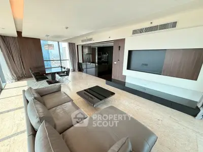 Luxurious modern living room with panoramic city views and sleek interior design.