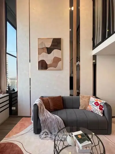 Stylish modern living room with high ceilings and elegant decor