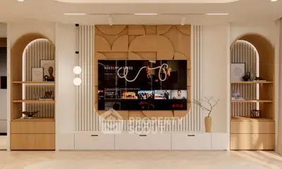 Modern living room with stylish wooden shelves and large TV display