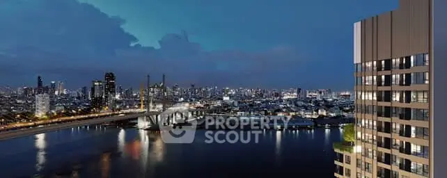 Stunning cityscape view from high-rise apartment overlooking river and skyline