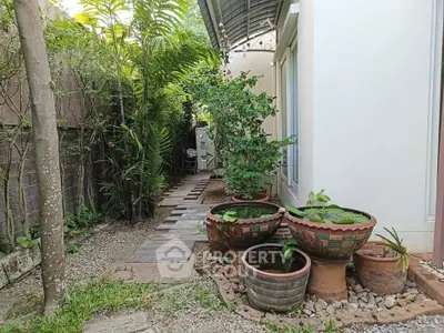 Charming garden pathway with lush greenery and decorative pots in a serene residential setting.