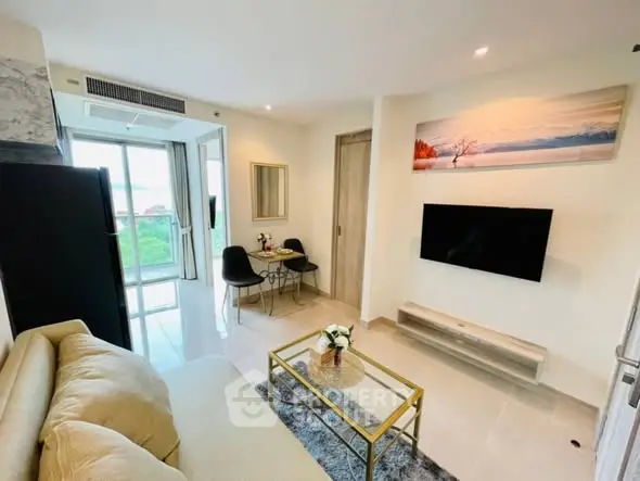 Modern living room with elegant decor and balcony view