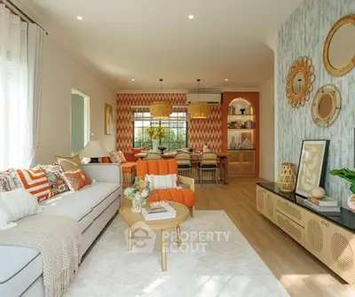 Stylish living room with modern decor, cozy seating, and vibrant accents, perfect for relaxation and entertaining.