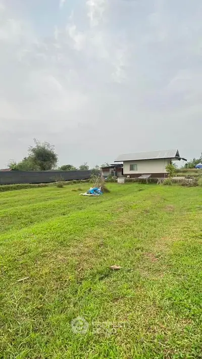 Spacious green lawn with a small house under a cloudy sky, perfect for outdoor activities.