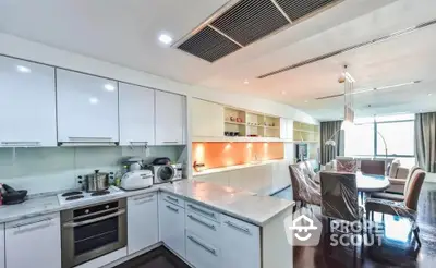 Modern kitchen with sleek white cabinets and dining area in open layout apartment