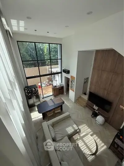 Spacious modern living room with high ceilings and large windows offering natural light and garden view.
