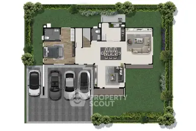 Modern house floor plan with spacious garden and parking area