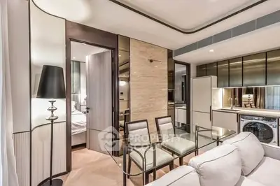 Luxurious modern living room with open kitchen and elegant dining area