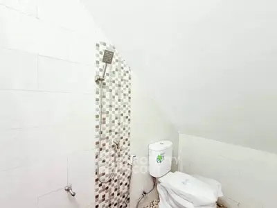 Modern bathroom with sleek shower and toilet under sloped ceiling