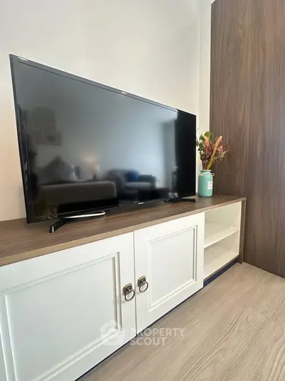 Modern living room with sleek TV setup and stylish wooden cabinetry