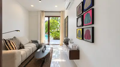 Stylish living room with modern decor and garden view