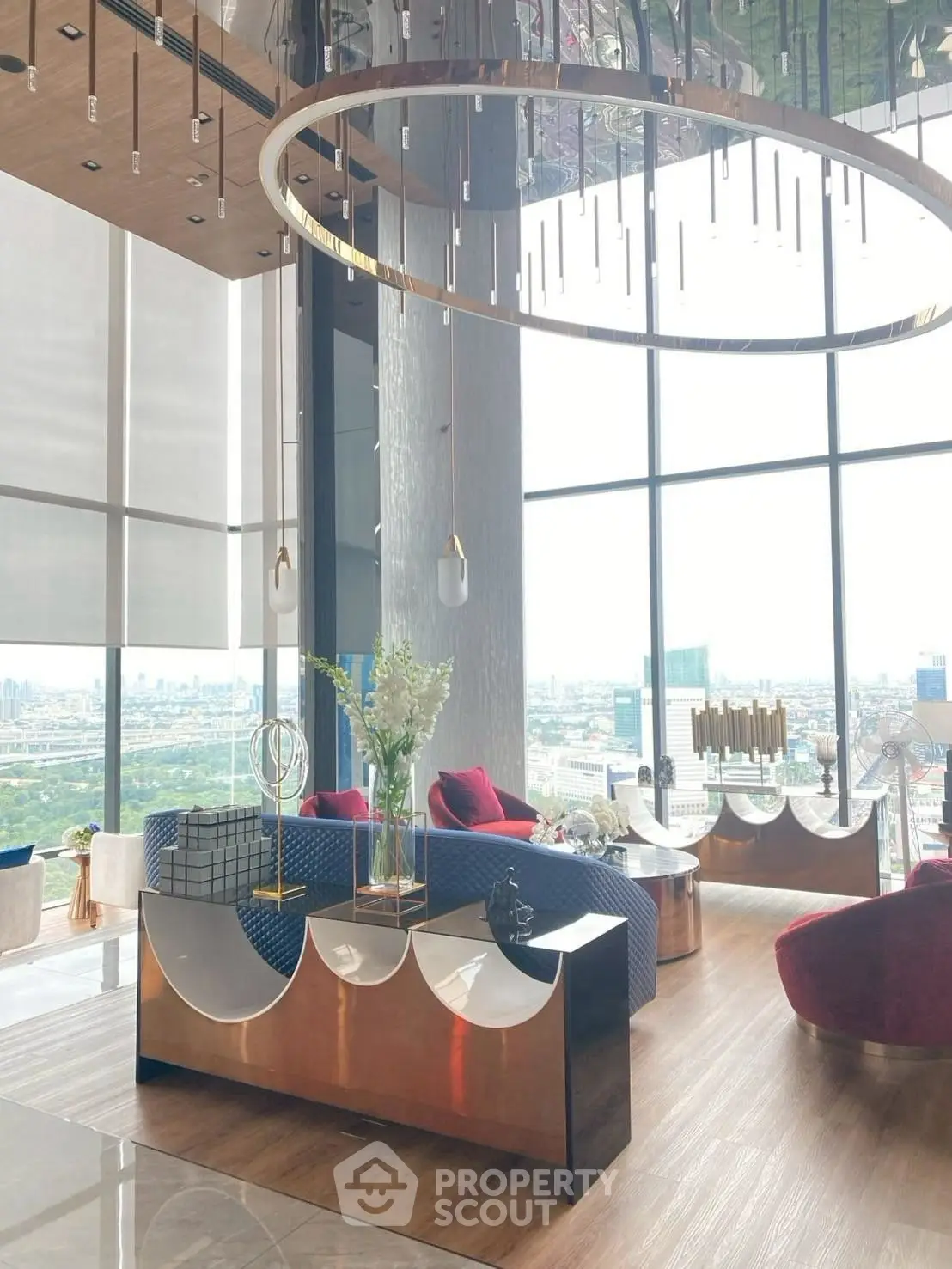 Luxurious modern living room with panoramic city view and elegant decor