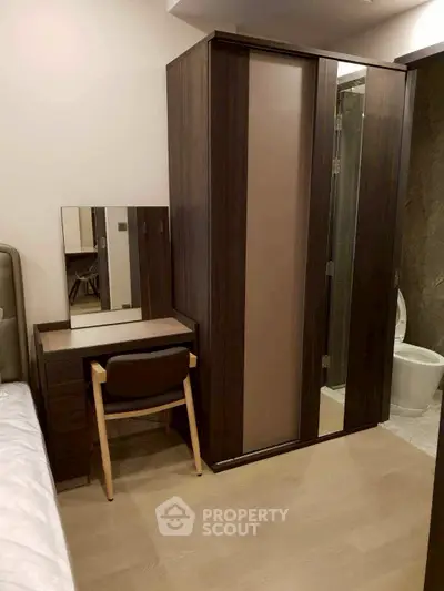 Modern bedroom with sleek wardrobe and cozy workspace