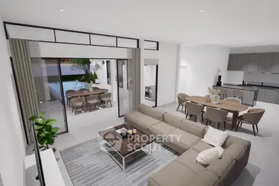 Spacious open-plan living room with modern kitchen and poolside view, perfect for entertaining.