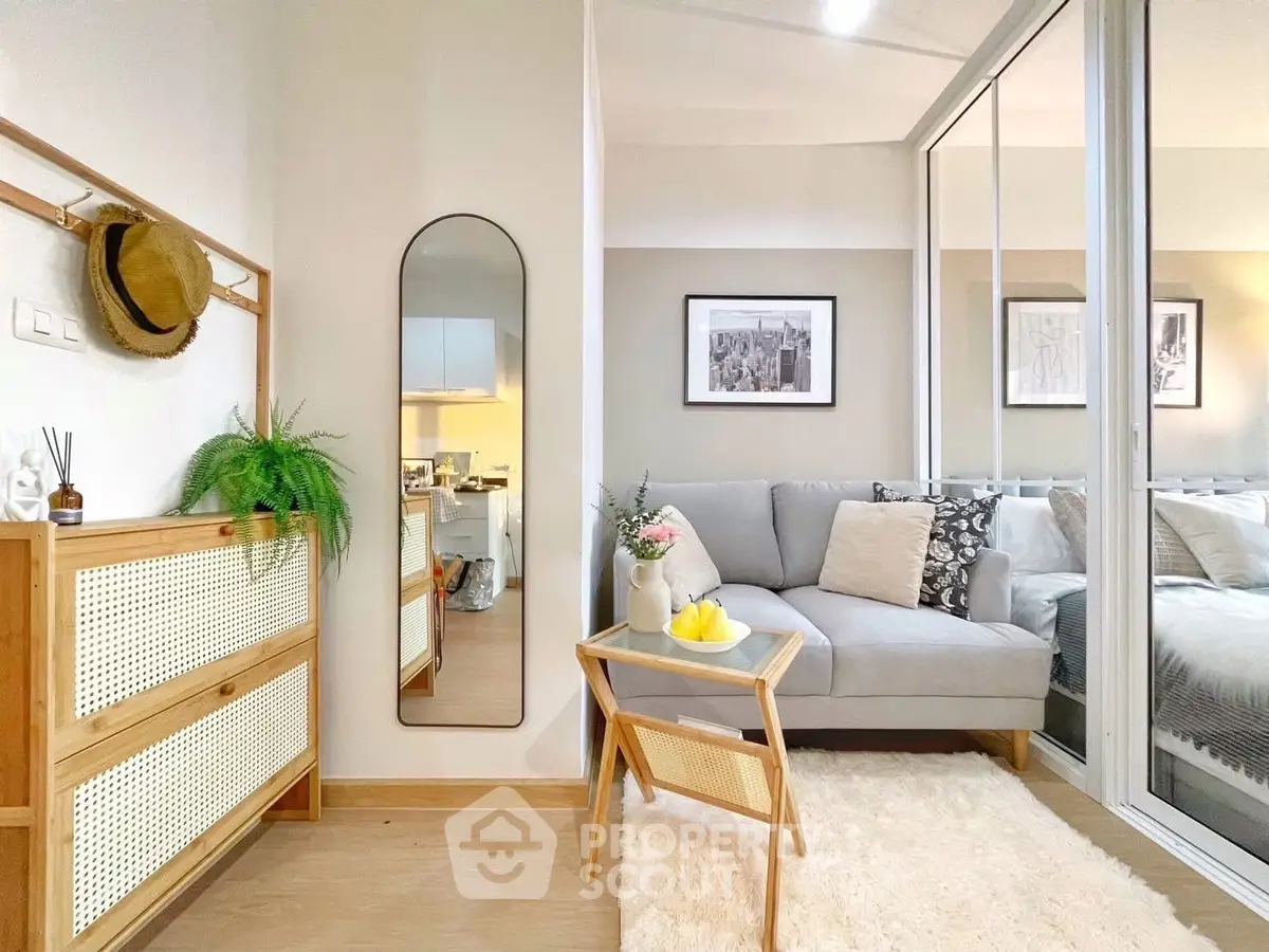 Charming living room with cozy sofa, stylish decor, and modern design