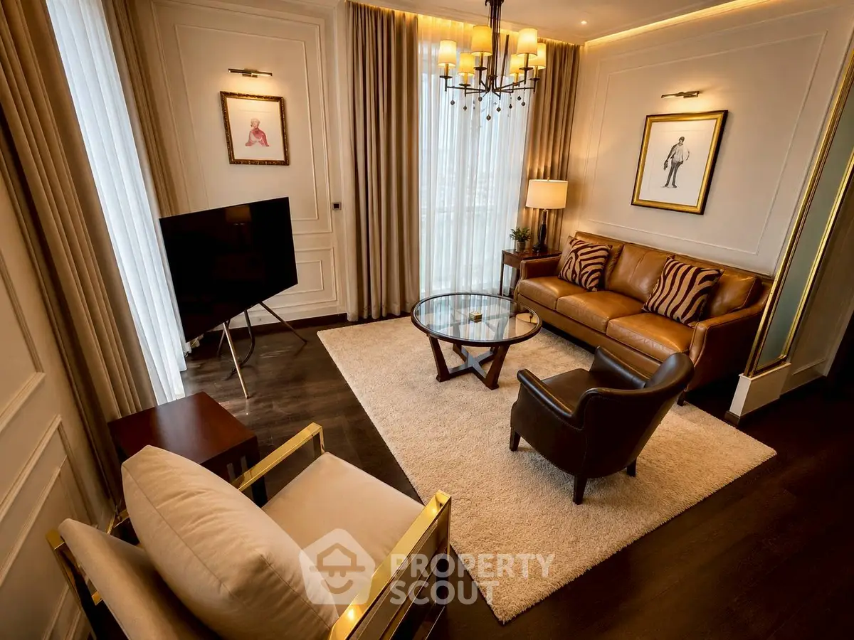 Luxurious living room with elegant decor and modern furnishings, featuring a cozy seating area and stylish lighting.
