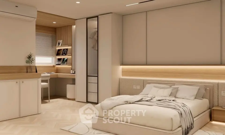 Luxurious modern bedroom with elegant decor and cozy workspace