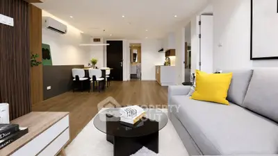 Modern living room with stylish decor and open layout, featuring a cozy sofa and elegant dining area.