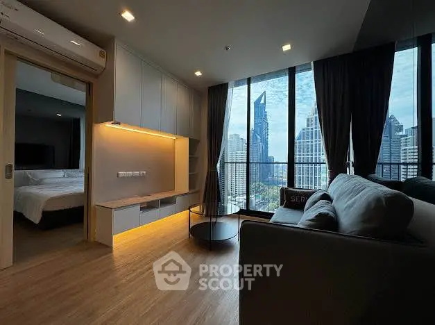 Modern living room with city view and stylish furniture
