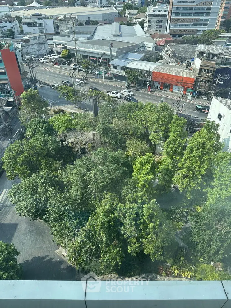 Stunning urban view from high-rise building overlooking lush green park and cityscape.