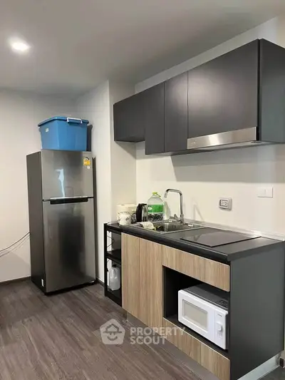 Modern compact kitchen with sleek cabinets and appliances in a stylish apartment.
