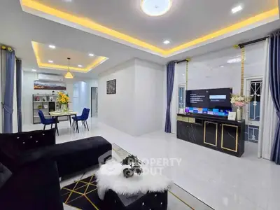Luxurious modern living room with elegant decor and ambient lighting