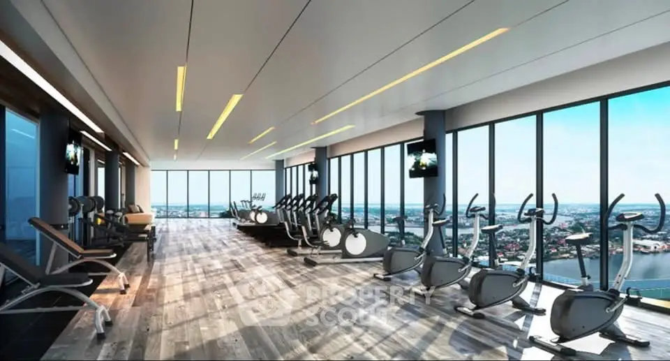 Luxurious high-rise gym with panoramic city views and modern fitness equipment.