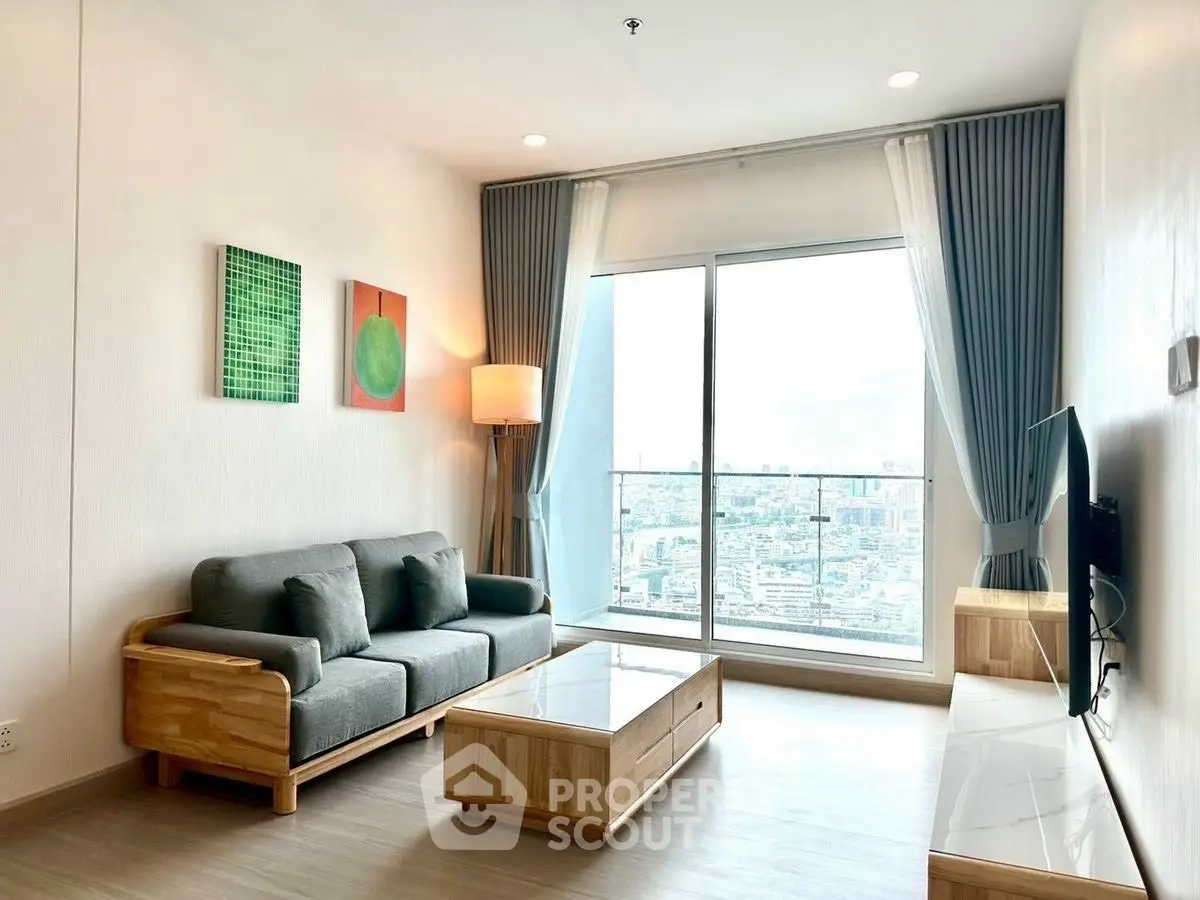 Modern living room with city view, stylish furniture, and large windows.