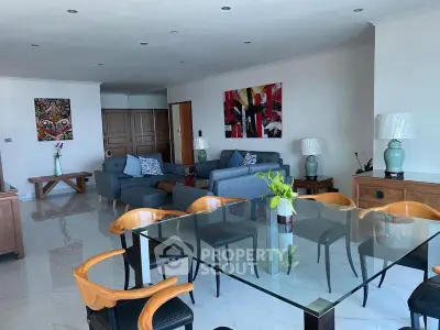 Spacious modern living room with elegant dining area and stylish decor