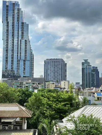 Stunning urban skyline view with modern high-rise buildings and lush greenery.