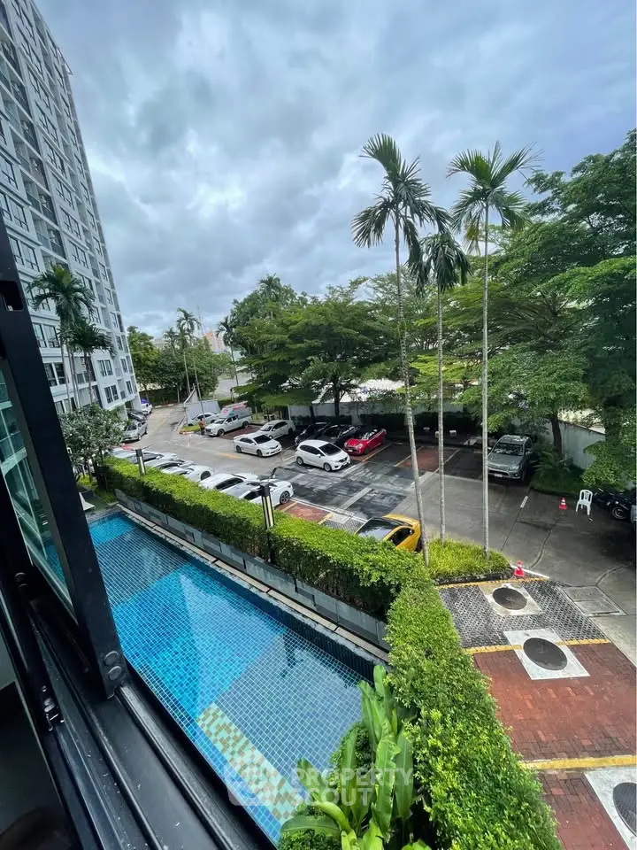 Stunning view from apartment overlooking pool and lush greenery