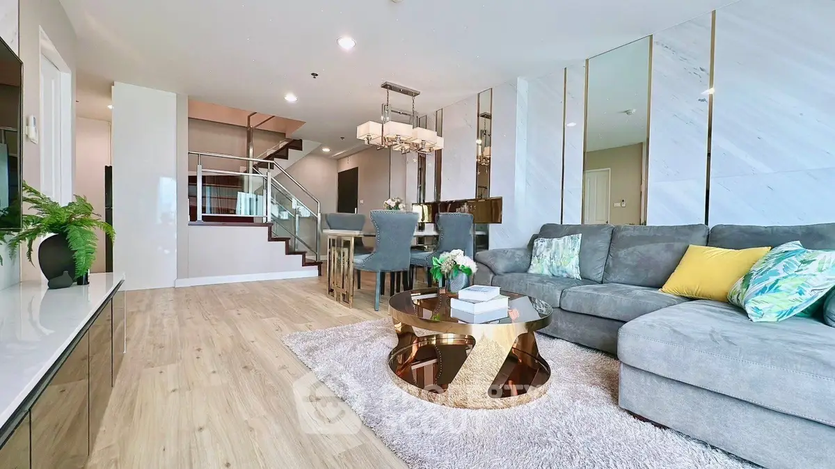 Luxurious modern living room with elegant decor and spacious layout