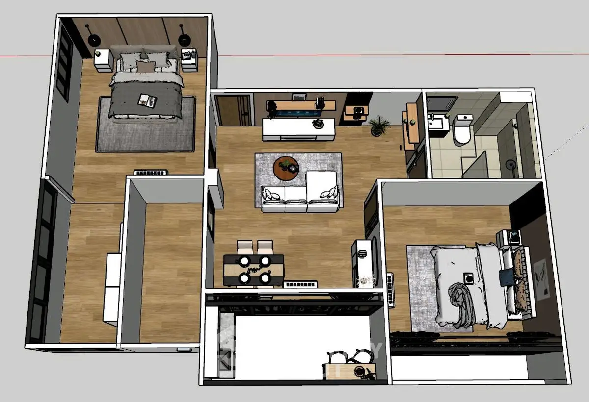 Modern 3D floor plan showcasing a stylish apartment layout with two bedrooms and open living area.