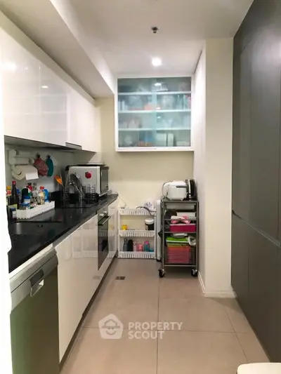 Modern kitchen with sleek cabinetry and built-in appliances in a compact layout.