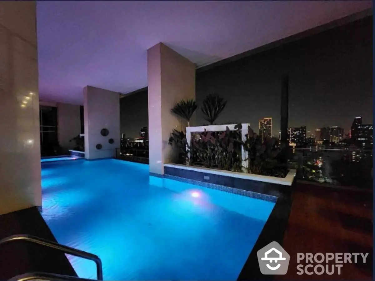 Luxurious rooftop pool with stunning city skyline view at night