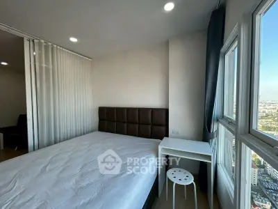 Modern bedroom with city view and minimalist furniture
